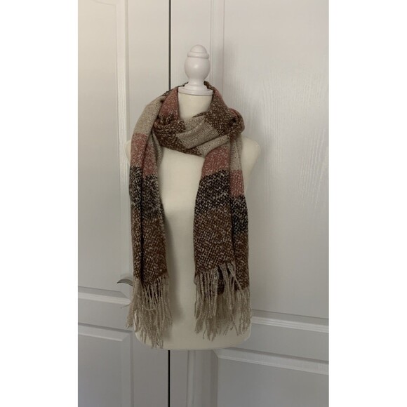 Boutique Womens Scarf Wrap Shawl Brown Dk Chocolate Mauve Beige 69 x 26 Fringe - Picture 1 of 8